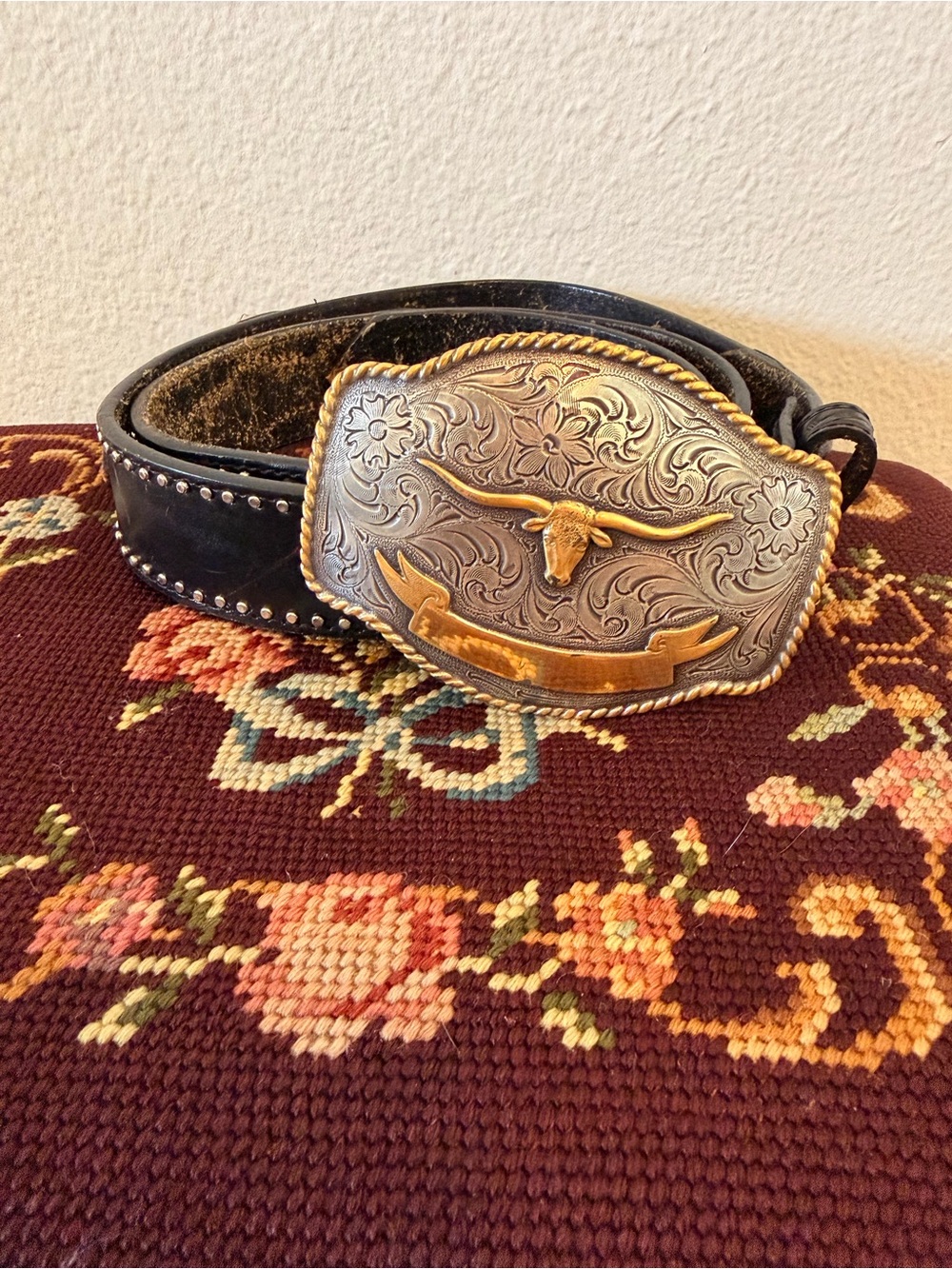 Black Texas Leather Co Western Belt with Nocona Silver & Gold Longhorn Buckle